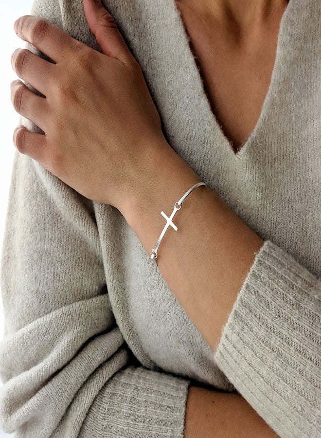 Silverly Classic Cross Sterling Silver Bangle - Religious Jewelry for Women - Minimalist 925 Silver Bracelet for Women - Christian Crucifix Pressure Clasp Bangle Bracelet - Image 4