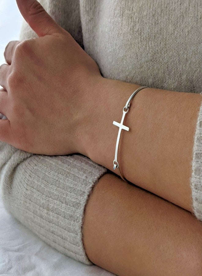 Silverly Classic Cross Sterling Silver Bangle - Religious Jewelry for Women - Minimalist 925 Silver Bracelet for Women - Christian Crucifix Pressure Clasp Bangle Bracelet - Image 5