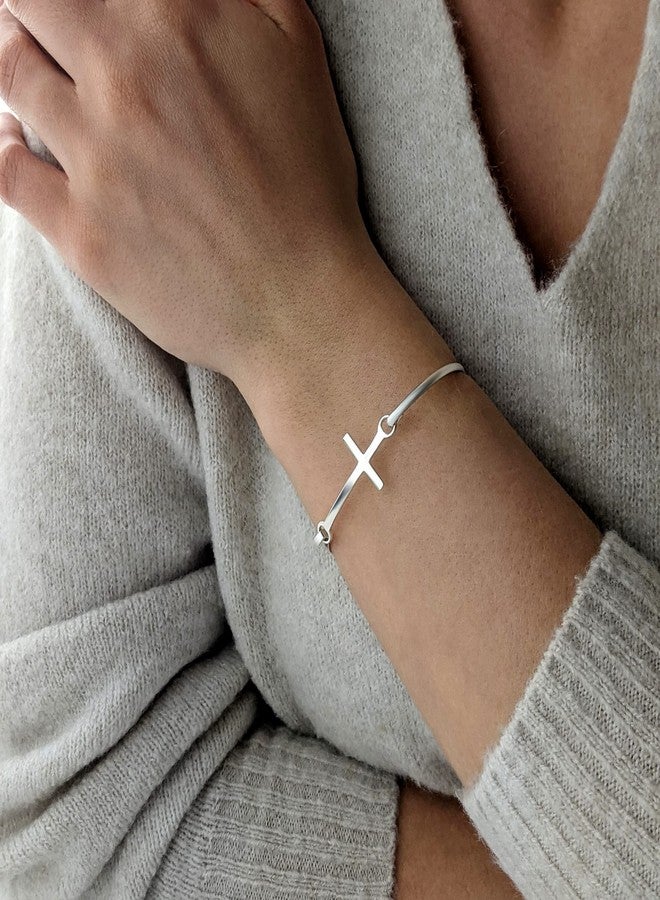 Silverly Classic Cross Sterling Silver Bangle - Religious Jewelry for Women - Minimalist 925 Silver Bracelet for Women - Christian Crucifix Pressure Clasp Bangle Bracelet - Image 2