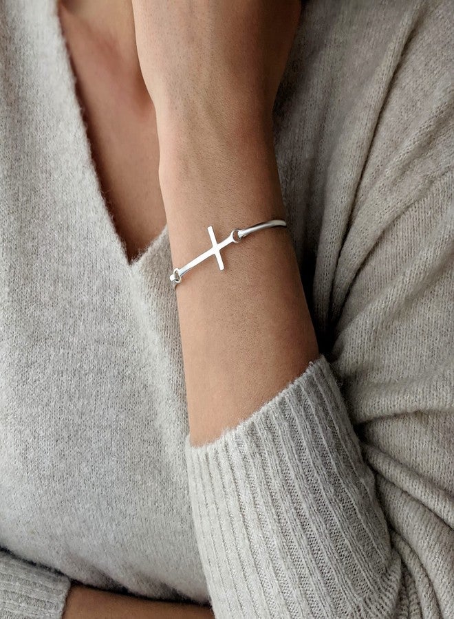 Silverly Classic Cross Sterling Silver Bangle - Religious Jewelry for Women - Minimalist 925 Silver Bracelet for Women - Christian Crucifix Pressure Clasp Bangle Bracelet - Image 3