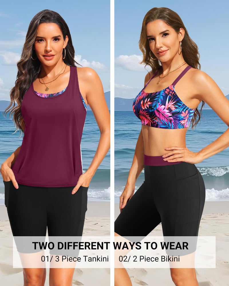 Daci Purple and Leaves Women 3 Piece Tankini Swimsuits - Athletic Swim Tank Top with Bra Bathing Suit with Shorts Modest Swimwear 2025 M - Image 3