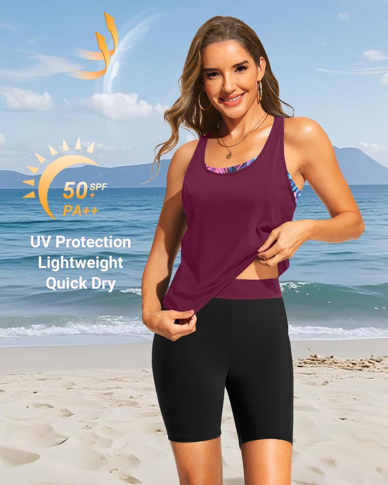 Daci Purple and Leaves Women 3 Piece Tankini Swimsuits - Athletic Swim Tank Top with Bra Bathing Suit with Shorts Modest Swimwear 2025 M - Image 4