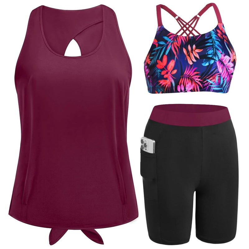 Daci Purple and Leaves Women 3 Piece Tankini Swimsuits - Athletic Swim Tank Top with Bra Bathing Suit with Shorts Modest Swimwear 2025 M - Image 1