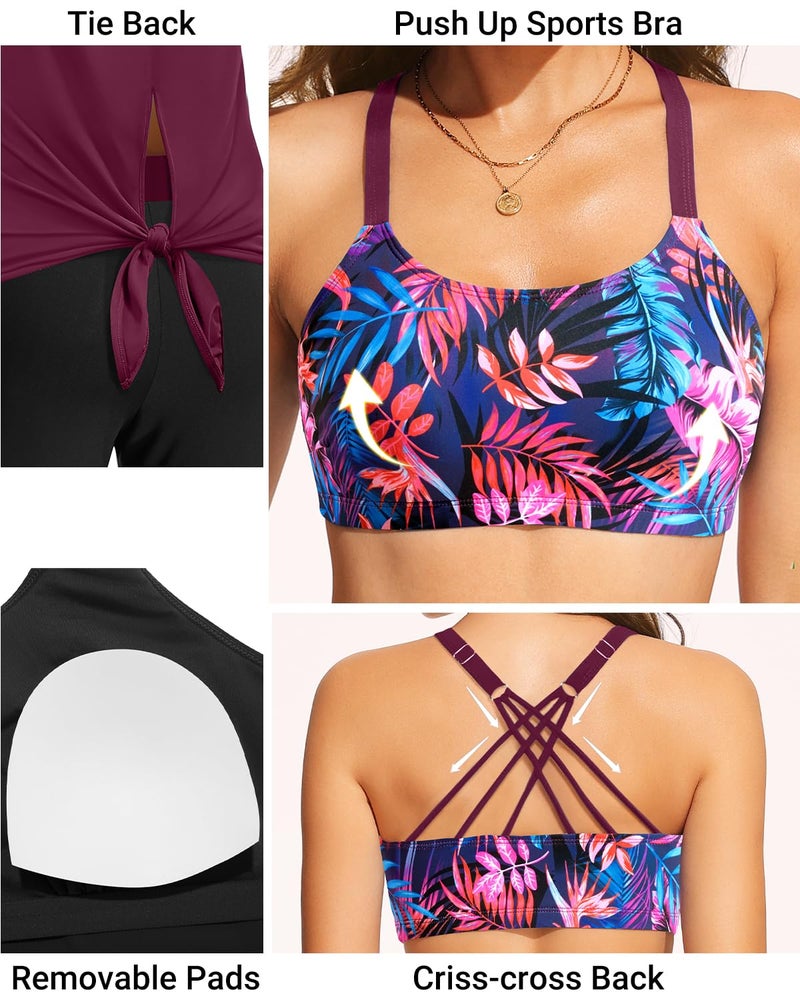 Daci Purple and Leaves Women 3 Piece Tankini Swimsuits - Athletic Swim Tank Top with Bra Bathing Suit with Shorts Modest Swimwear 2025 M - Image 2