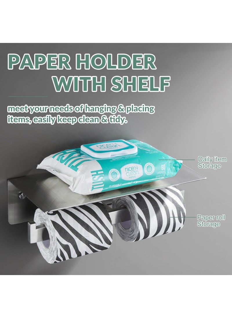 APLusee Double Toilet Paper Holder with Shelf Brushed Nickel  APLusee Modern Bathroom Accessories SUS 304 Stainless Steel Commercial Tissue Roll Dispenser Mobile Phone Storage Rack Handy Use  - Image 3