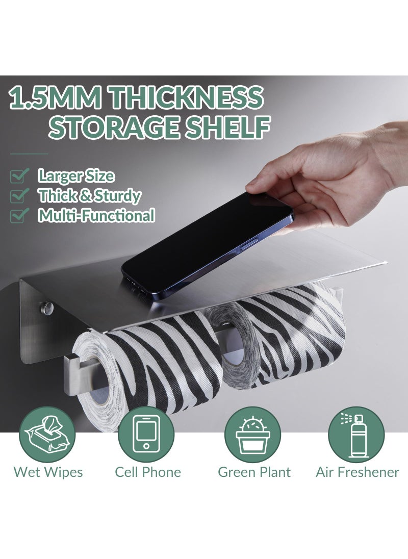 APLusee Double Toilet Paper Holder with Shelf Brushed Nickel  APLusee Modern Bathroom Accessories SUS 304 Stainless Steel Commercial Tissue Roll Dispenser Mobile Phone Storage Rack Handy Use  - Image 5