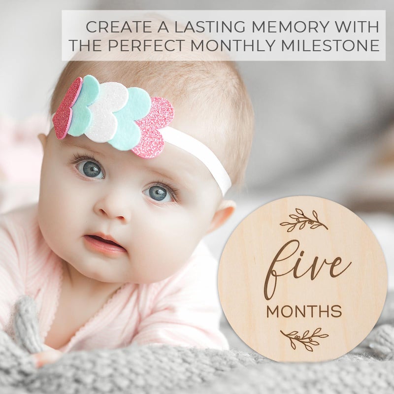 Giftacity Baby Monthly Milestone Cards Sign - 7 Cute Double Sided Wooden Circles Discs Newborn Memento Milestone to Document Baby's Growth, Pregnancy Journey Sign Baby Boy and Girl Gifts Set - Image 2