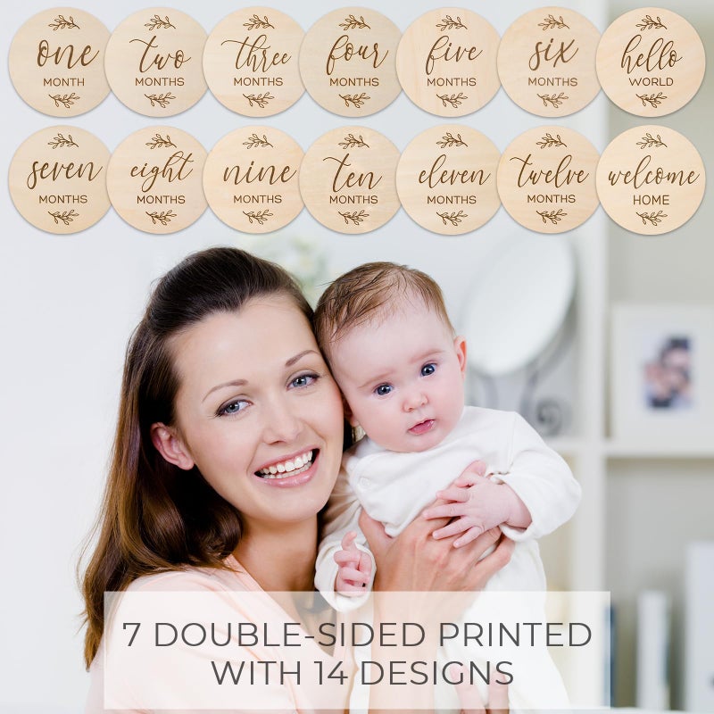 Giftacity Baby Monthly Milestone Cards Sign - 7 Cute Double Sided Wooden Circles Discs Newborn Memento Milestone to Document Baby's Growth, Pregnancy Journey Sign Baby Boy and Girl Gifts Set - Image 4