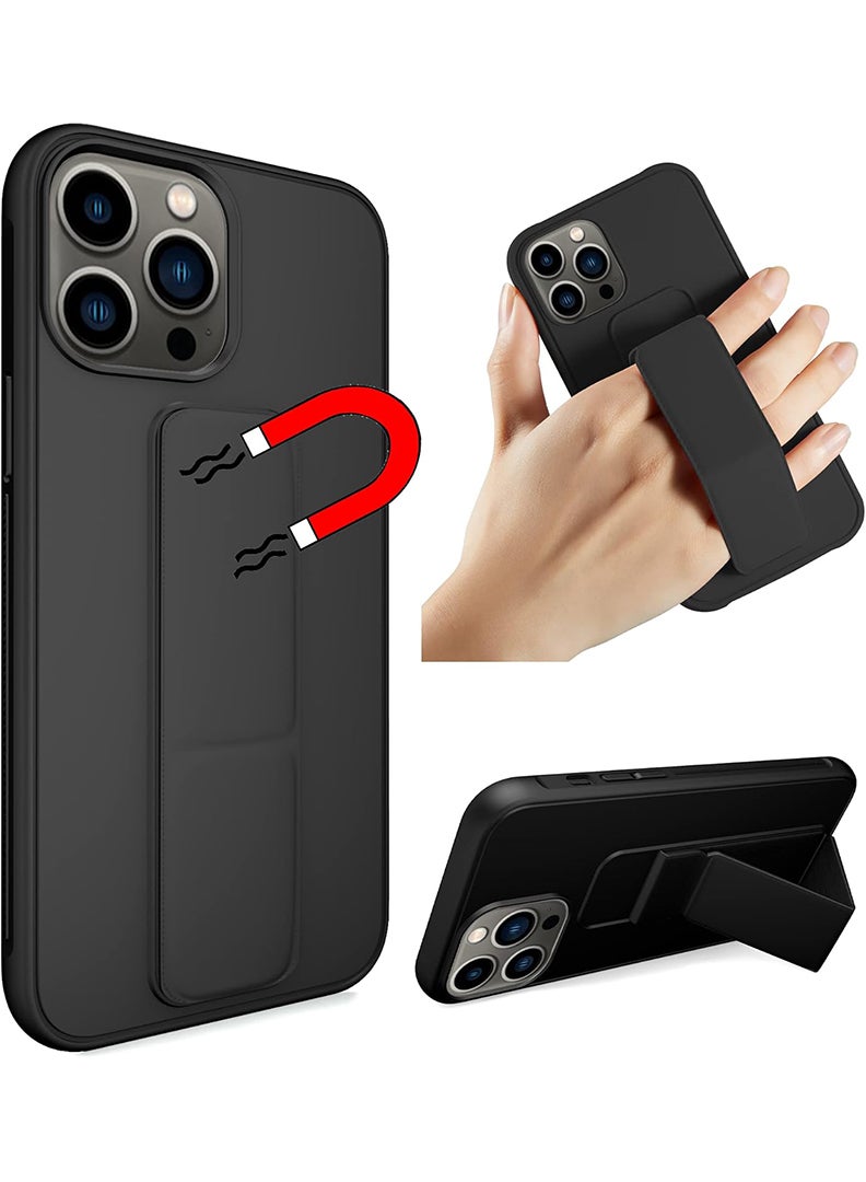 رفع القضية جراب متوافق مع هاتف Apple iPhone 13 Pro مع حامل مغناطيسي وحامل، جراب وحامل حزام إصبع من السيليكون الممتاز مع حامل تثبيت على السيارة - أسود - Image 1