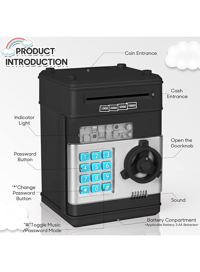 إيروريكس صندوق نقود إلكتروني للأطفال، حصالة نقود إلكترونية صغيرة لطيفة، حصالة نقود آلية مع قفل بكلمة مرور، هدية عيد ميلاد رائعة وعملية للأولاد والبنات، باللون الأسود - Image 3