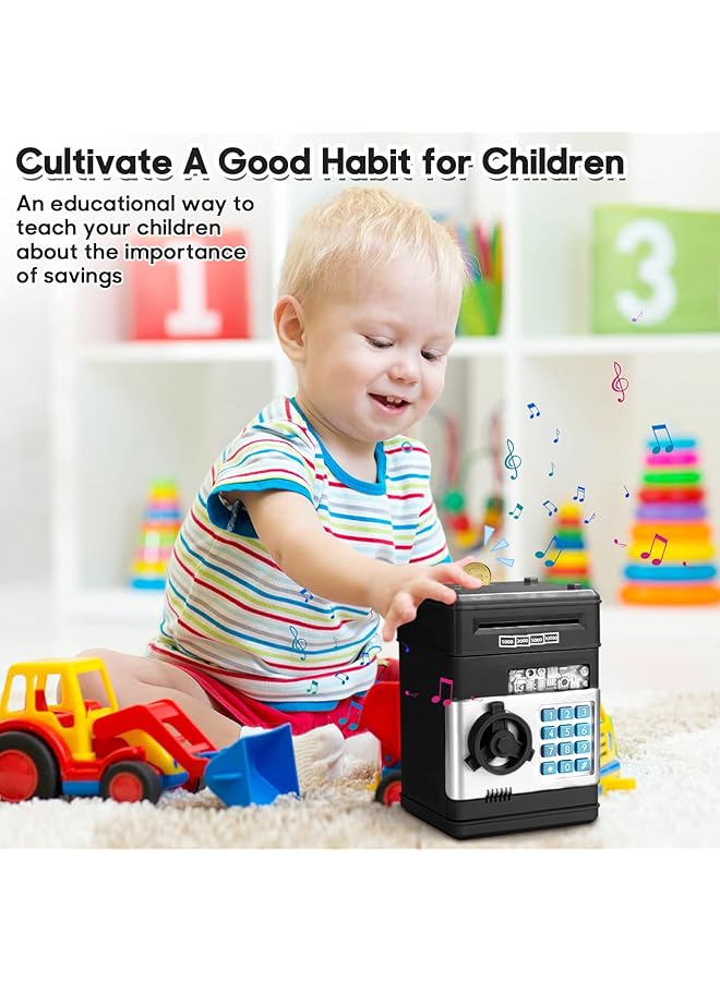 إيروريكس صندوق نقود إلكتروني للأطفال، حصالة نقود إلكترونية صغيرة لطيفة، حصالة نقود آلية مع قفل بكلمة مرور، هدية عيد ميلاد رائعة وعملية للأولاد والبنات، باللون الأسود - Image 5