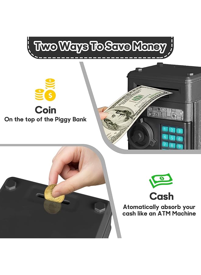 إيروريكس صندوق نقود إلكتروني للأطفال، حصالة نقود إلكترونية صغيرة لطيفة، حصالة نقود آلية مع قفل بكلمة مرور، هدية عيد ميلاد رائعة وعملية للأولاد والبنات، باللون الأسود - Image 4