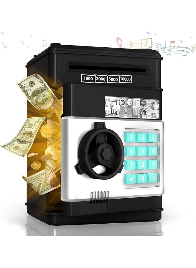 إيروريكس صندوق نقود إلكتروني للأطفال، حصالة نقود إلكترونية صغيرة لطيفة، حصالة نقود آلية مع قفل بكلمة مرور، هدية عيد ميلاد رائعة وعملية للأولاد والبنات، باللون الأسود - Image 1