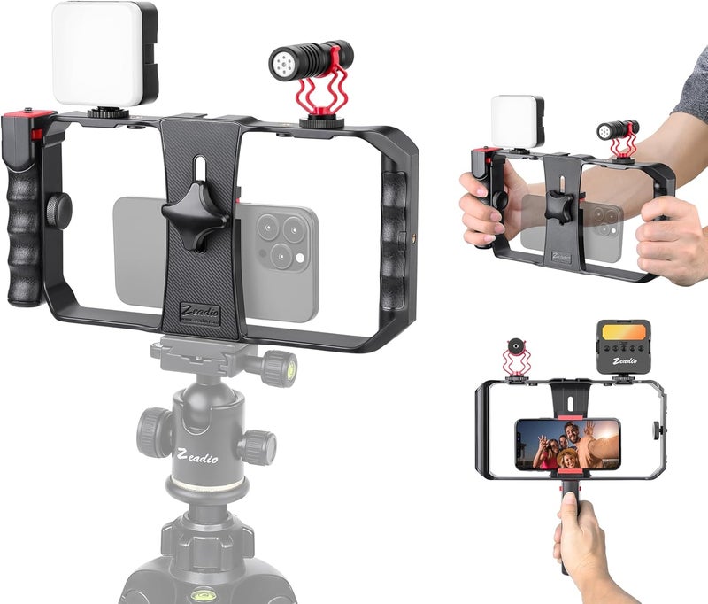 Zeadio Smartphone Video Rig, Wireless Grip Stabilizer with LED Video Light and Video Microphone, Fits for All Smartphones - Image 1