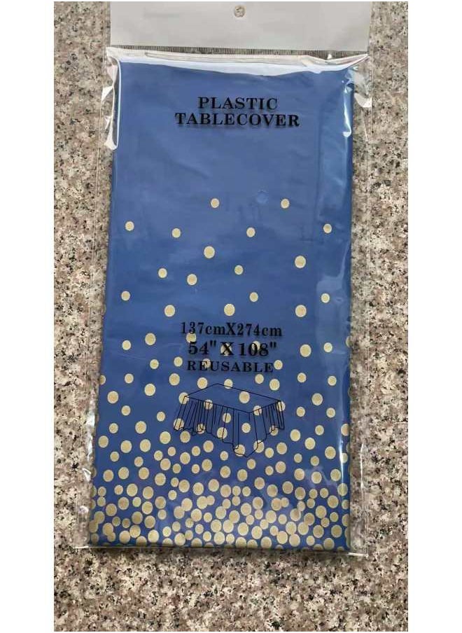 Generic Disposable Polka Dot Tablecloth 137×274cm Peva Plastic Table Cover Party Supplies Foil Dot Table Cloth-Color:Gold Dot With Blue Bottom-Specifications:137*274CM  - Image 1