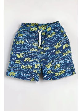 Wave Printed Lined Drawstring Boy's Swim Shorts