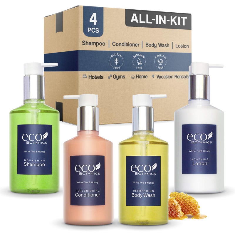Terra Pure Eco Botanics Hotel Amenities Set  1014oz Pump Bottles  Shampoo Conditioner Hand  Body Wash and Lotion  Set of 4