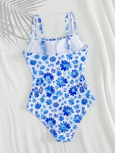 YIMISAN Women's One Piece Swimsuit Square Neck Sporty Ruched Slimming Monokini High Cut Tummy Control Bathing Suit Blue Flower - Image 5