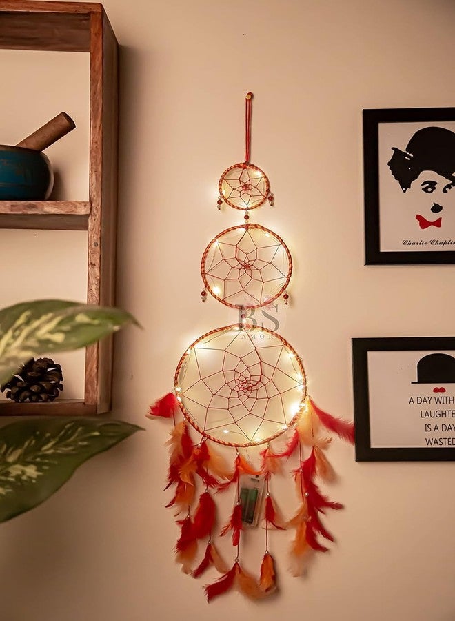 BS AMOR Dream Catcher with Lights, Wall Hangings, Crafts, Home Décor, Handmade for Bedroom, Balcony, Garden, Party, Café, Decoration, Wedding, Decorative,Orange Feathers (17 cm Diameter) - Image 1