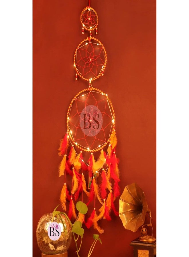 BS AMOR Dream Catcher with Lights, Wall Hangings, Crafts, Home Décor, Handmade for Bedroom, Balcony, Garden, Party, Café, Decoration, Wedding, Decorative,Orange Feathers (17 cm Diameter) - Image 2