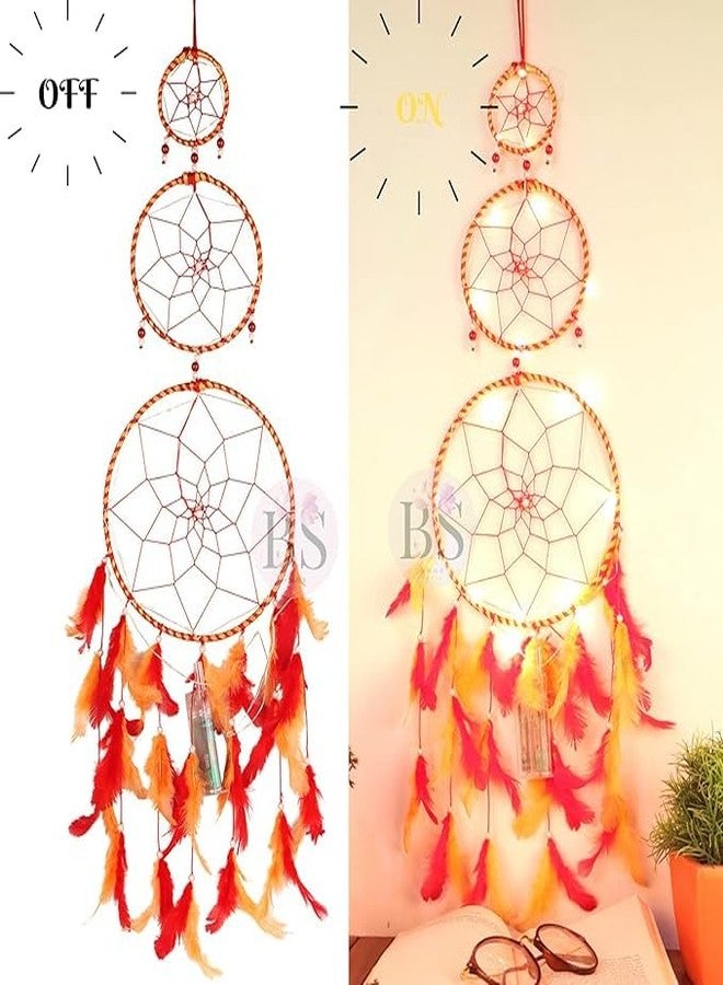 BS AMOR Dream Catcher with Lights, Wall Hangings, Crafts, Home Décor, Handmade for Bedroom, Balcony, Garden, Party, Café, Decoration, Wedding, Decorative,Orange Feathers (17 cm Diameter) - Image 4