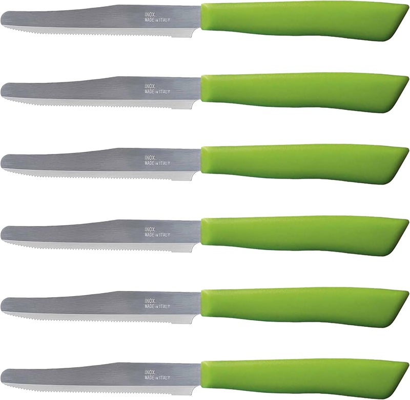 Tredoni 6 kitchen Knives - 4.3"/11cm Italian Stainless Steel Serrated Vegetable/Steak/Table Knife Cutlery, Rounded Tip (Green) - Image 1