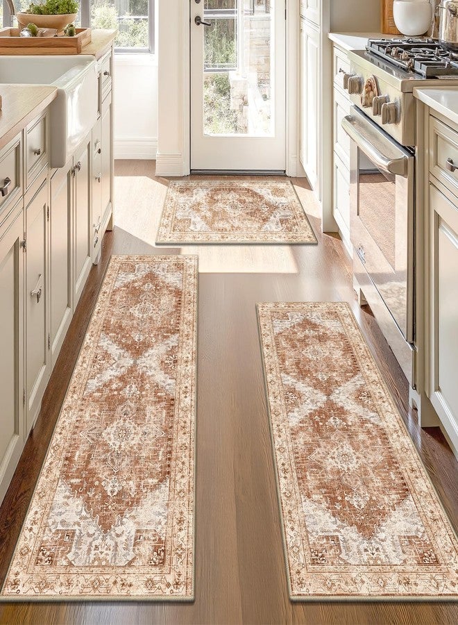 Yamaziot Boho Washable Kitchen Rugs Sets of 3, Non Slip Kitchen Mats for Floor with Rubber Backing, Waterproof & Stain Resistant Thick Carpet Runner Throw Rugs for Kitchen, Laundry Room, Hallway - Image 1