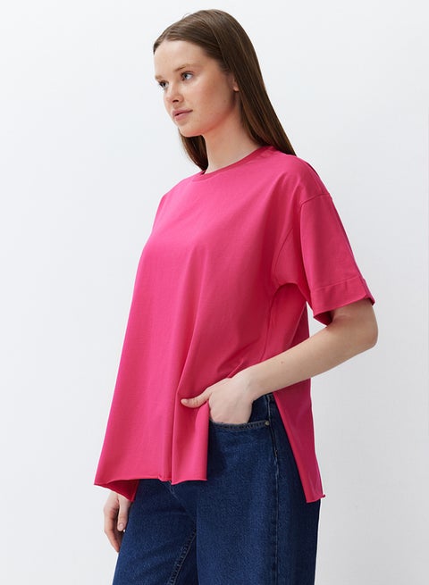 Pink 100% Cotton Double Sleeve Asymmetrical Boyfriend Knitted T-Shirt
