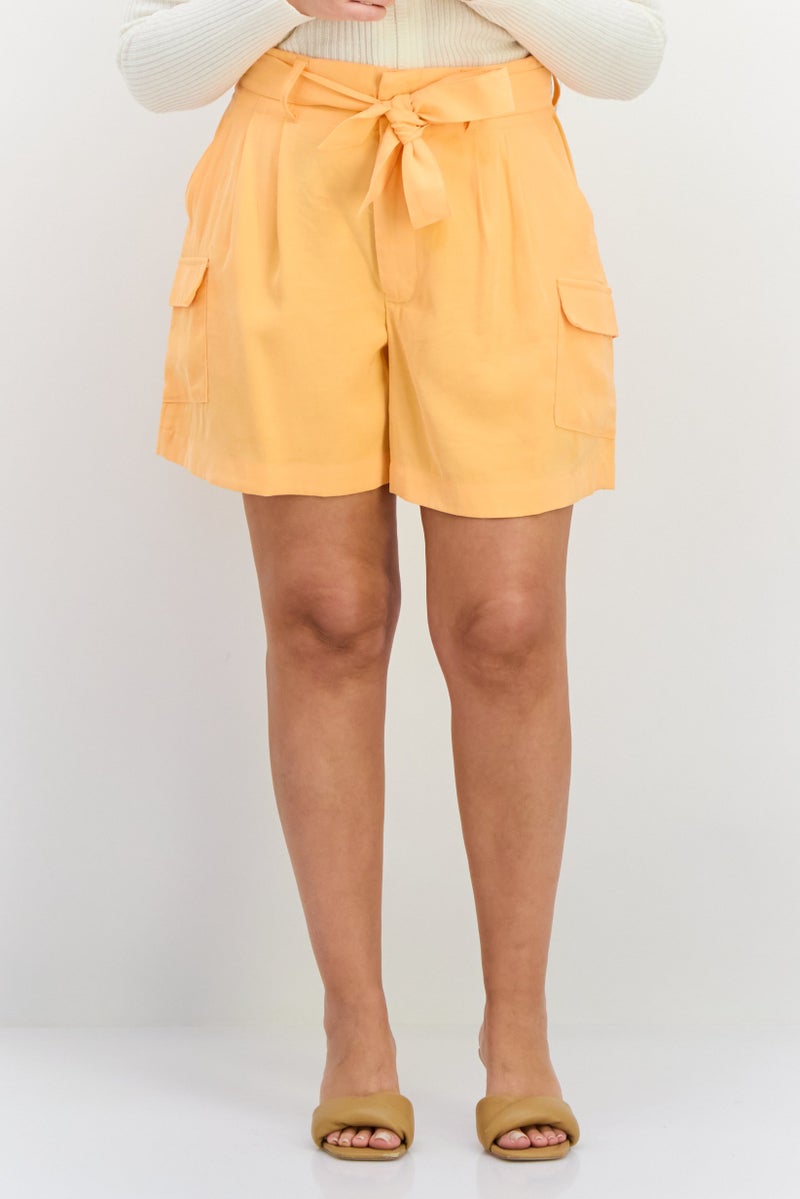 DKNY Women Solid Belted Basic Shorts, Orange - Image 1
