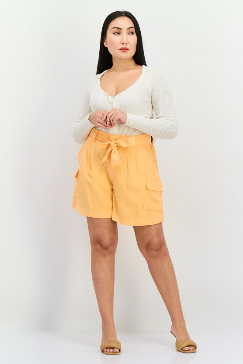 DKNY Women Solid Belted Basic Shorts, Orange - Image 3