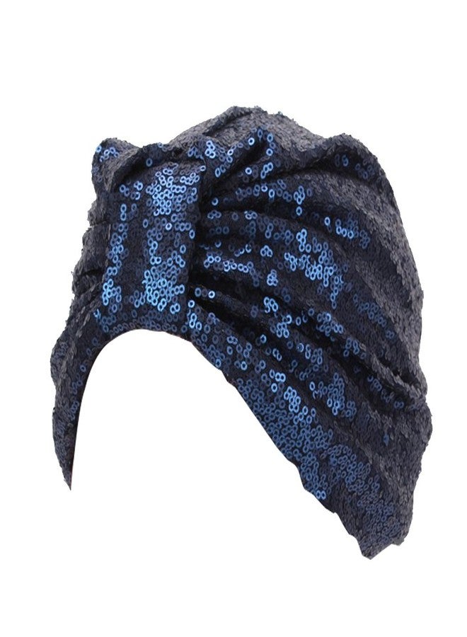 DECOU Sparkly Sequin Twist Pleated Hair Wrap Stretch Turban S232 (Navy) - Image 1