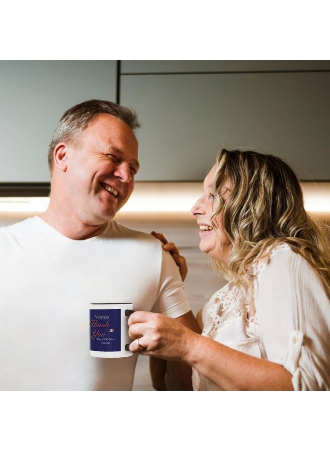 3dRose mug_36111_4 "Thank You Veterans, May God Bless you all. Text art with USA flag in red, white and blue." Two Tone Black Mug, 11 oz, Multicolor - Image 3