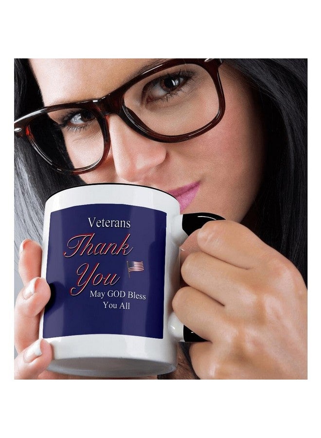3dRose mug_36111_4 "Thank You Veterans, May God Bless you all. Text art with USA flag in red, white and blue." Two Tone Black Mug, 11 oz, Multicolor - Image 2