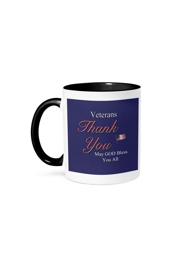 3dRose mug_36111_4 "Thank You Veterans, May God Bless you all. Text art with USA flag in red, white and blue." Two Tone Black Mug, 11 oz, Multicolor - Image 1
