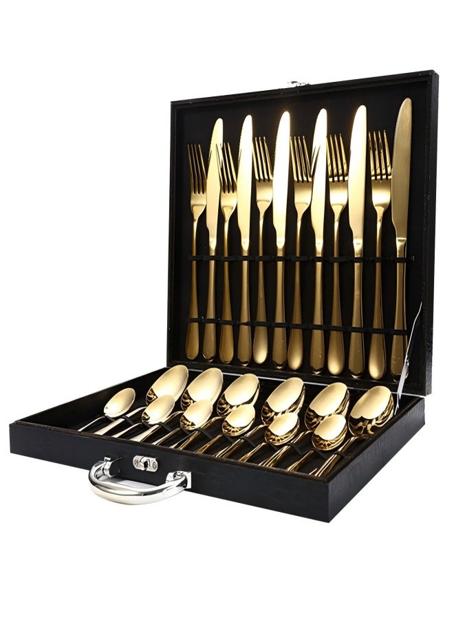 Excellent - Stainless Steel Knife, Fork And Spoon Cutlery Set, Western Steak Knife And Fork Wooden Gift Box 24-Piece Set - Image 1