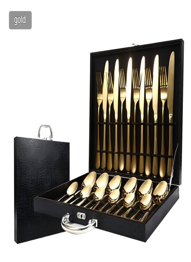 Excellent - Stainless Steel Knife, Fork And Spoon Cutlery Set, Western Steak Knife And Fork Wooden Gift Box 24-Piece Set - Image 1