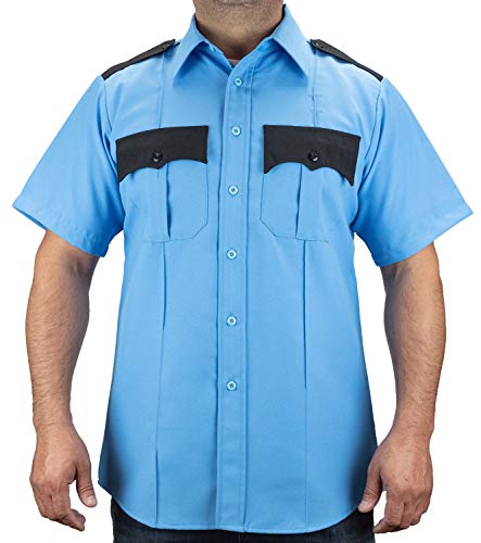 First Class 100% Polyester Two Tone Men's Uniform Shirt (US, Alpha, Small, Regular, Regular, Light Blue & Black) - Image 1