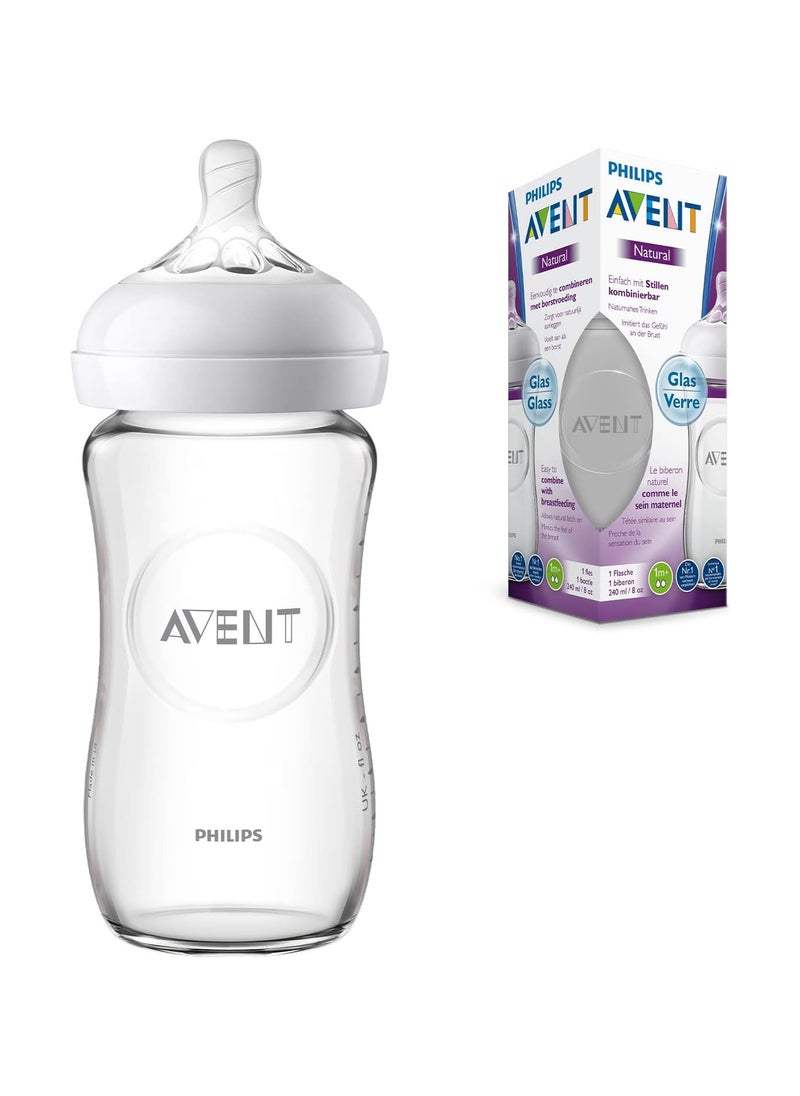 Avent Natural Glass Baby Bottle 240ml +1Months Easy to Combine with Breastfeeding/Allows Natural Latch  - Image 1