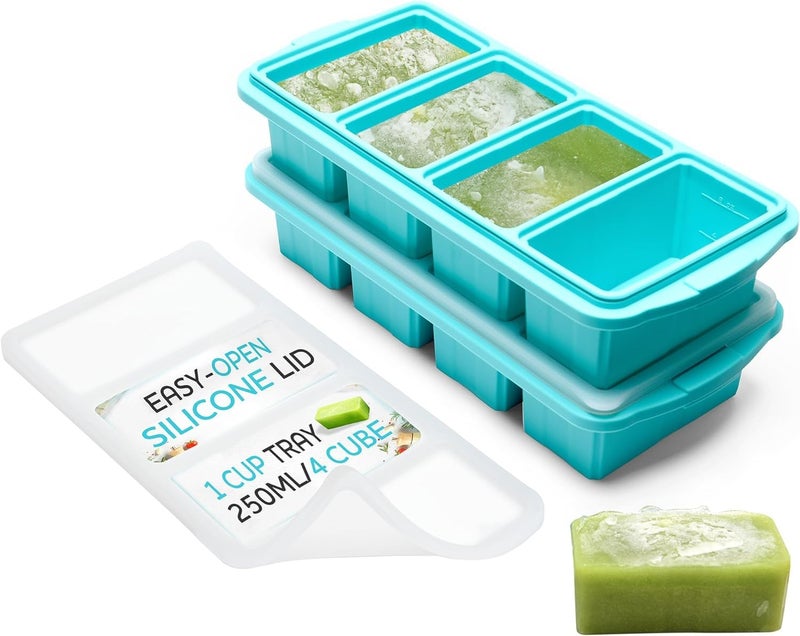 صينية تجميد سيليكون XOMOO مع غطاء - حاوية تجميد الحساء - قوالب مكعبات ثلج كبيرة تصنع 8 مكعبات بحجم 1 كوب - عبوتين لتخزين الطعام والحساء - تحضير الوجبات - آمنة للاستخدام في الفرن وغسالة الصحون