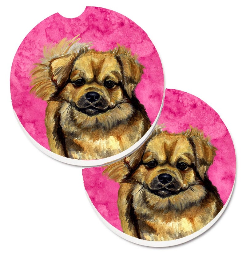Caroline's Treasures LH9394PKCARC Pink Tibetan Spaniel Set of 2 Cup Holder Car Coasters Absorbent Sandstone Coasters for Car Cup Holders Gifts for Men or Women  Large  Multicolor
