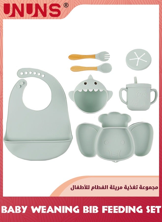 UNUNS Baby Feeding Set,Infant Led Weaning Feeding Supplies,Silicone Toddlers Self Eating Utensils Set-Wooden Spoons Forks,Adjustable Bib,Straw Cup With Snack Lid,Suction Bowl,Divided Plate,Turquoise - Image 1