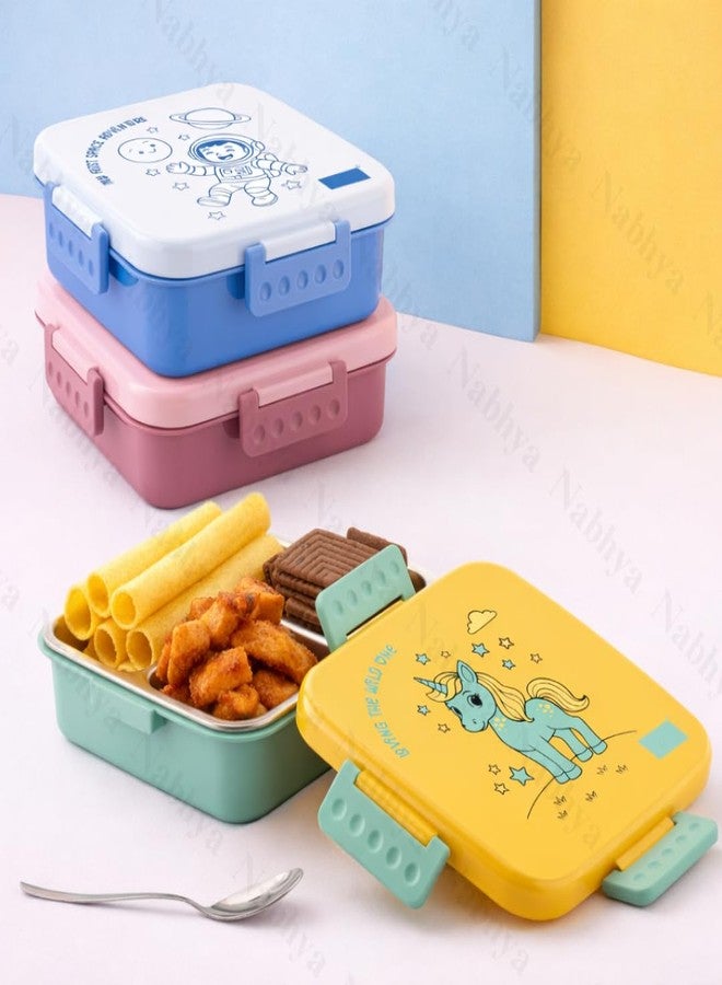Nabhya Square Mate Kids Lunch Box with Stainless Steel Inner | 650Ml Leak-Proof Tiffin Box | 3 Compartment Bento Snacks Box | BPA-Free Plastic Outer | School Lunch Box for Boys & Girls (Yellow) - Image 4