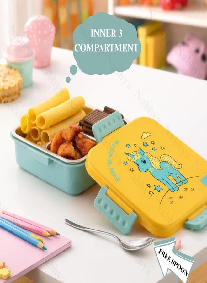 Nabhya Square Mate Kids Lunch Box with Stainless Steel Inner | 650Ml Leak-Proof Tiffin Box | 3 Compartment Bento Snacks Box | BPA-Free Plastic Outer | School Lunch Box for Boys & Girls (Yellow) - Image 2