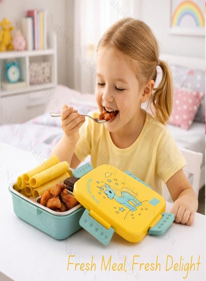Nabhya Square Mate Kids Lunch Box with Stainless Steel Inner | 650Ml Leak-Proof Tiffin Box | 3 Compartment Bento Snacks Box | BPA-Free Plastic Outer | School Lunch Box for Boys & Girls (Yellow) - Image 3
