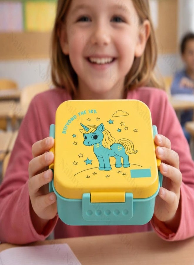 Nabhya Square Mate Kids Lunch Box with Stainless Steel Inner | 650Ml Leak-Proof Tiffin Box | 3 Compartment Bento Snacks Box | BPA-Free Plastic Outer | School Lunch Box for Boys & Girls (Yellow) - Image 5