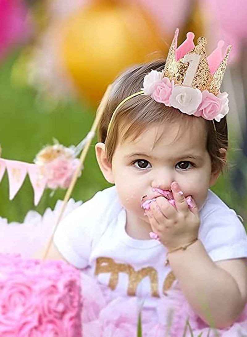 Baby Girl 1 Birthday Crown for Baby, Hat Girl Decorations First for Baby Gifts Rose Gold Pink Crown Party One Year Old Princess Baby Hat for Handmade Birthday Crown Cap for Baby Girls Boys - Image 4