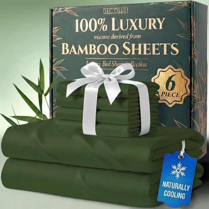100 VISCOSE DERIVED FROM BAMBOO SHEETS QUEEN SIZE LUXURY 6 PC NATURALLY COOLING SHEETS ULTRA SOFT BED SET DEEP 17 POCKETS DURABLE DOUBLE STITCHING OEKO TEX STANDARD OLIVE