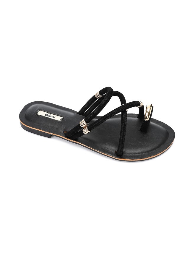 DejaVu Decorative Gold Charms Flat Slipper - Black  - Image 5