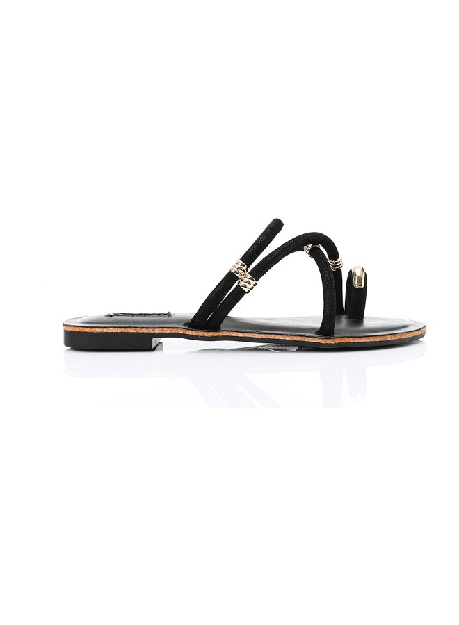 DejaVu Decorative Gold Charms Flat Slipper - Black  - Image 1