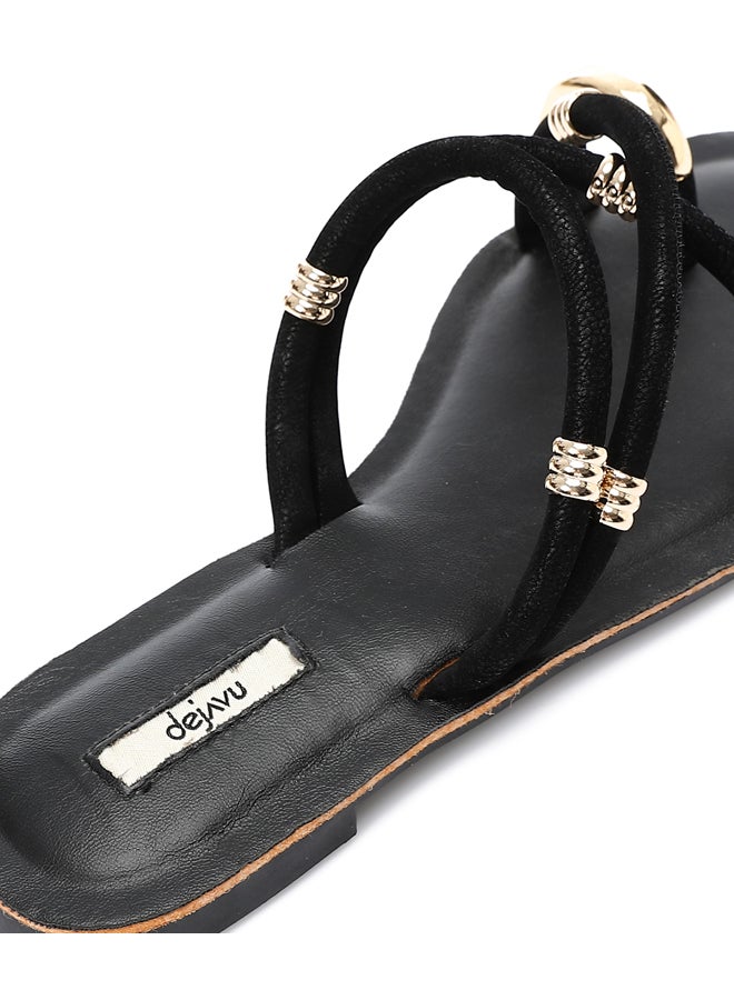 DejaVu Decorative Gold Charms Flat Slipper - Black  - Image 4